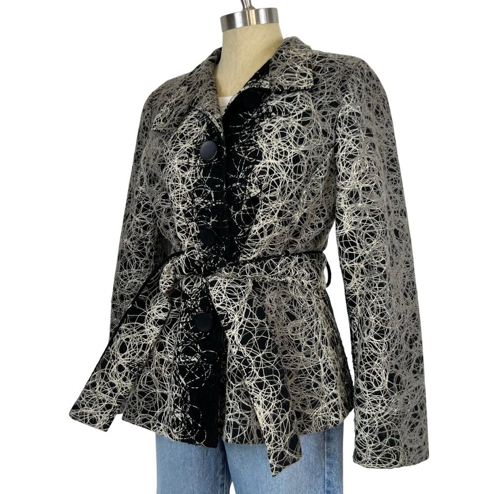 Vintage Bella Blue Goth Grunge Button Front Tie Waist Black Scribble Jacket M